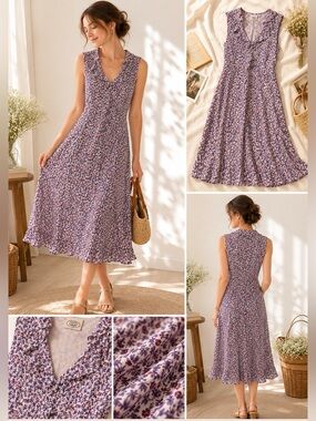 Laura Ashley Vintage 90s Purple Floral Ruffle V-Neck Sleeveless Dress Size 8